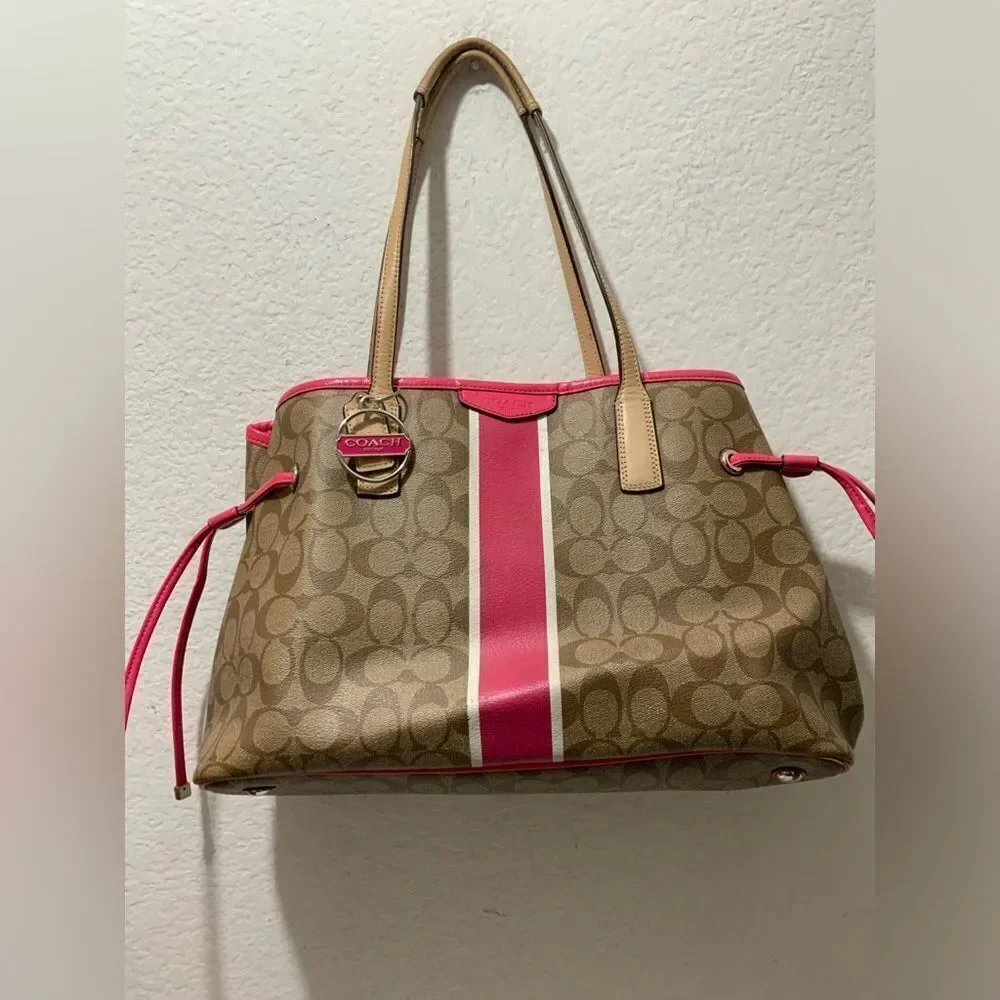 Coach Signature Bag F29084 Carryall Large Tote Drawstring Khaki Pomegranate Brow